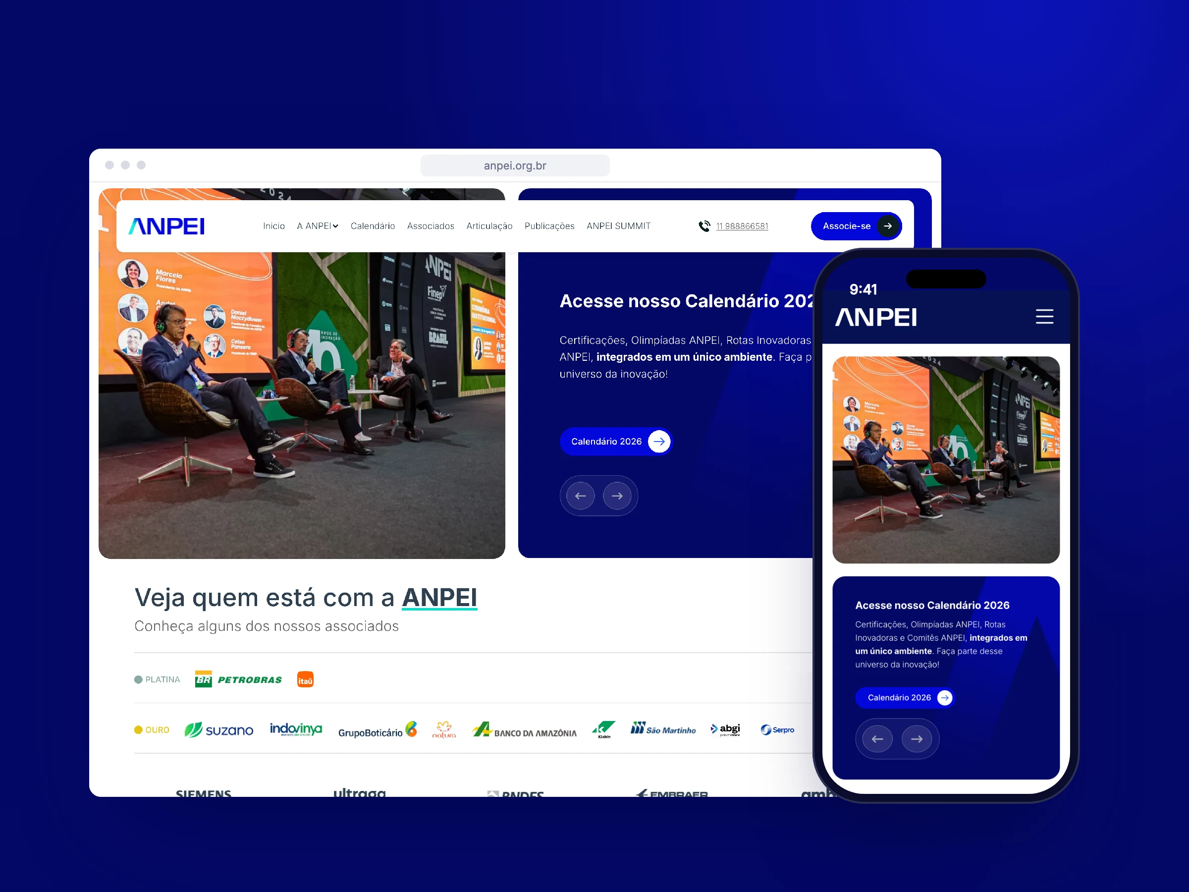 Capa do projeto: o novo site da ANPEI em um navegador e em um celular, sobre o azul escuro da marca.
