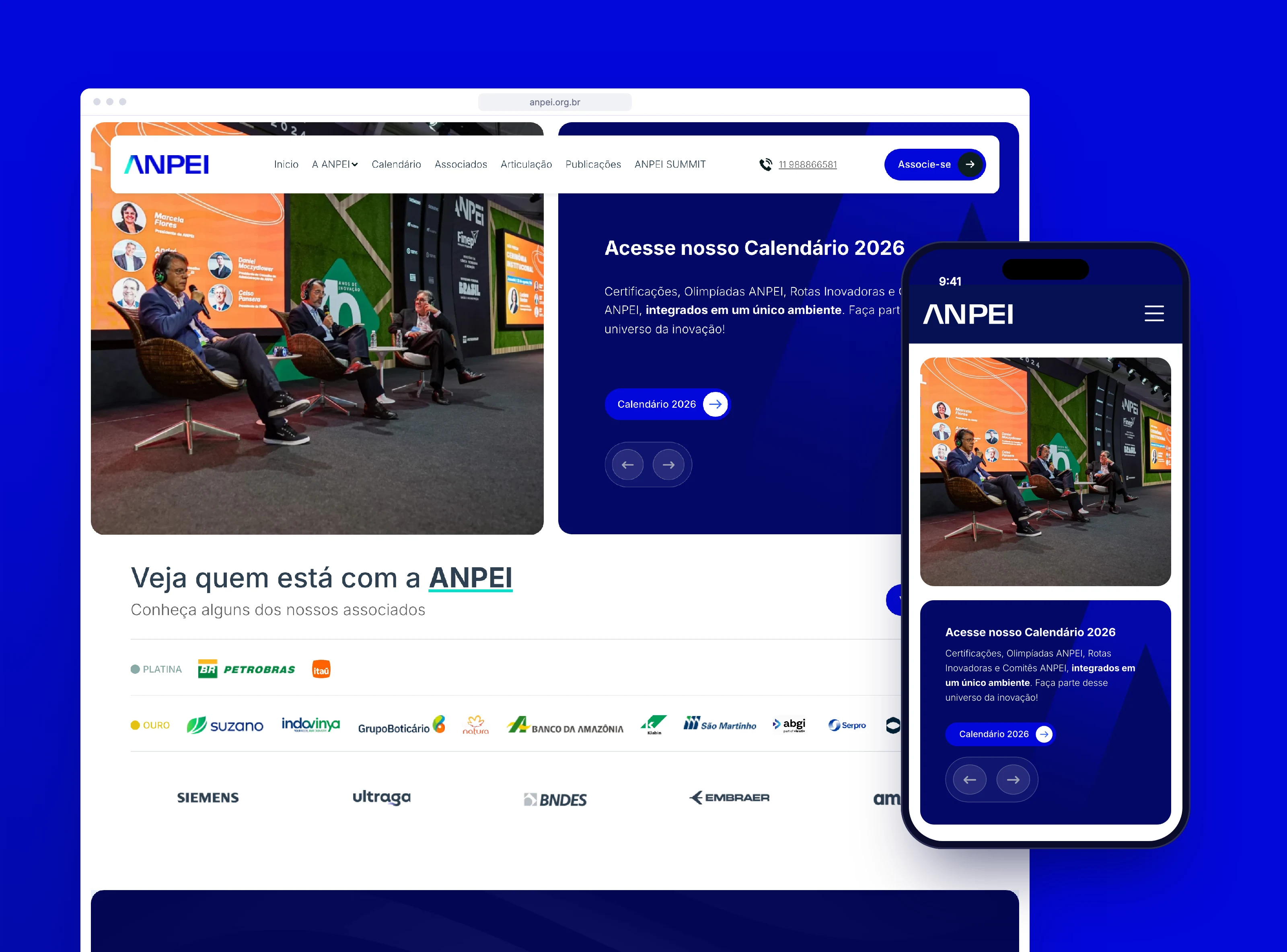 Página inicial do site no desktop, com o destaque do Calendário 2026 e os associados, e a mesma página no celular.