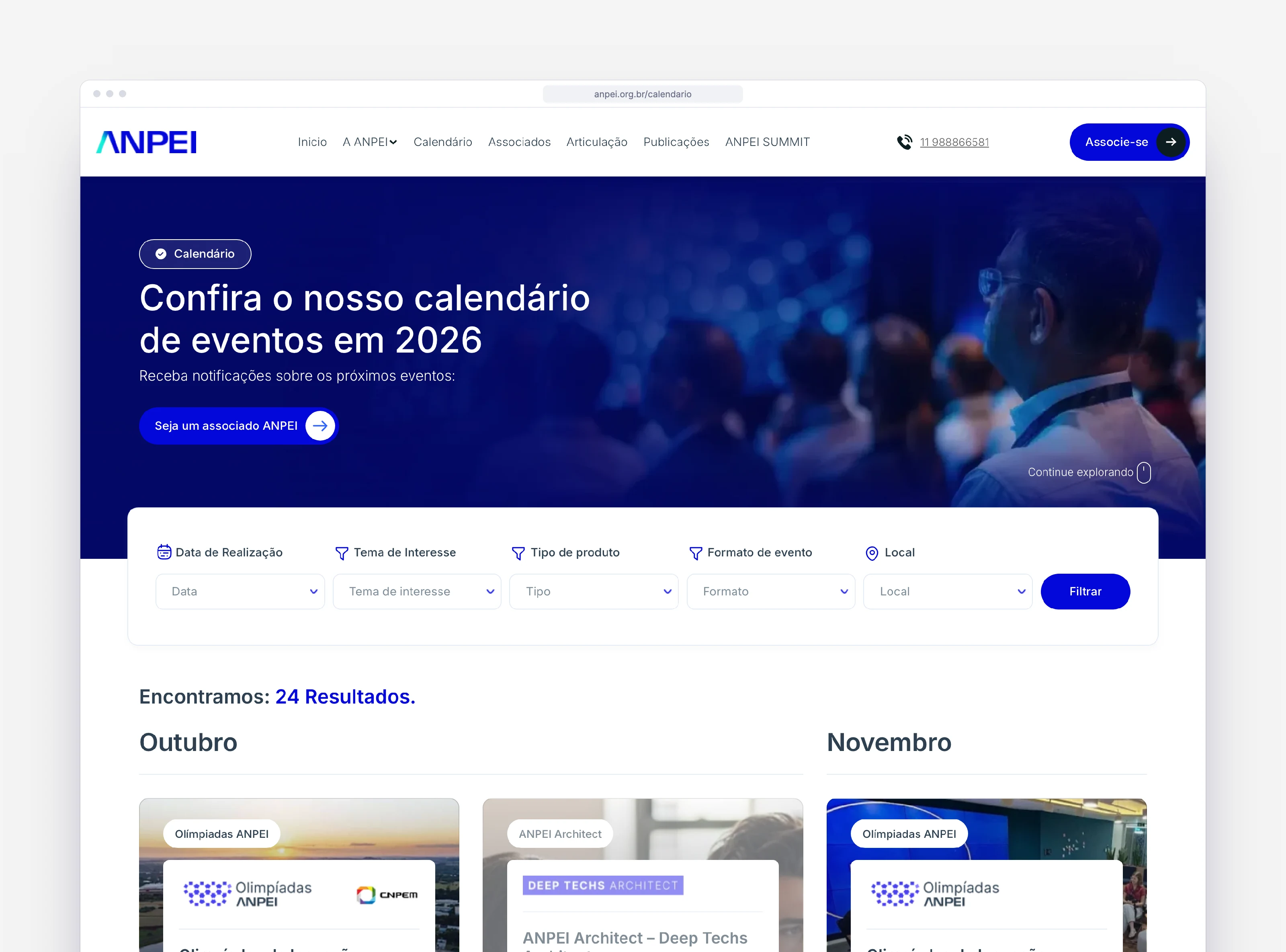 Calendário de eventos de 2026, com a barra de filtros e os eventos organizados por mês.