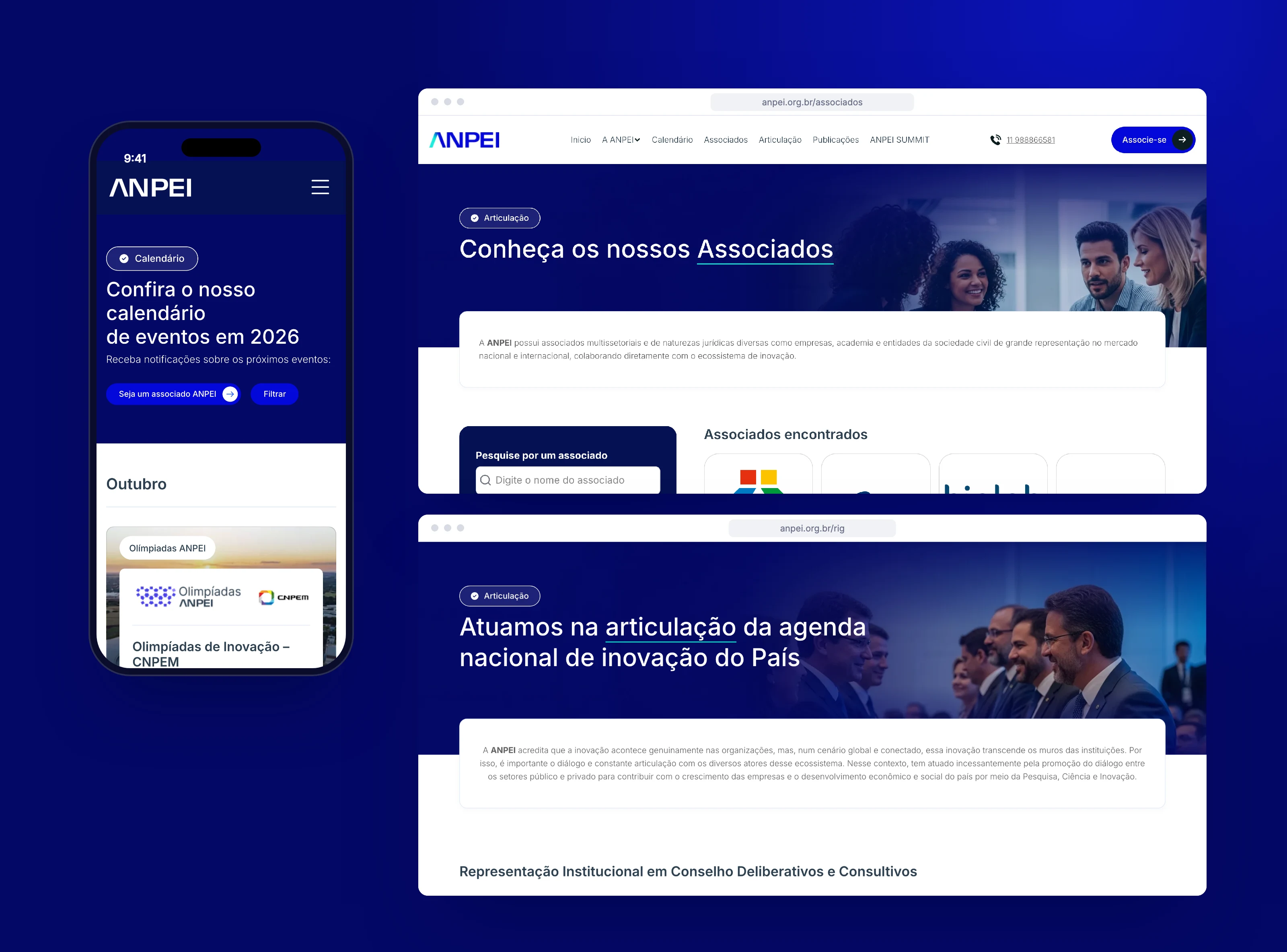 O calendário no celular e, ao lado, as páginas de Associados e de Articulação no desktop.