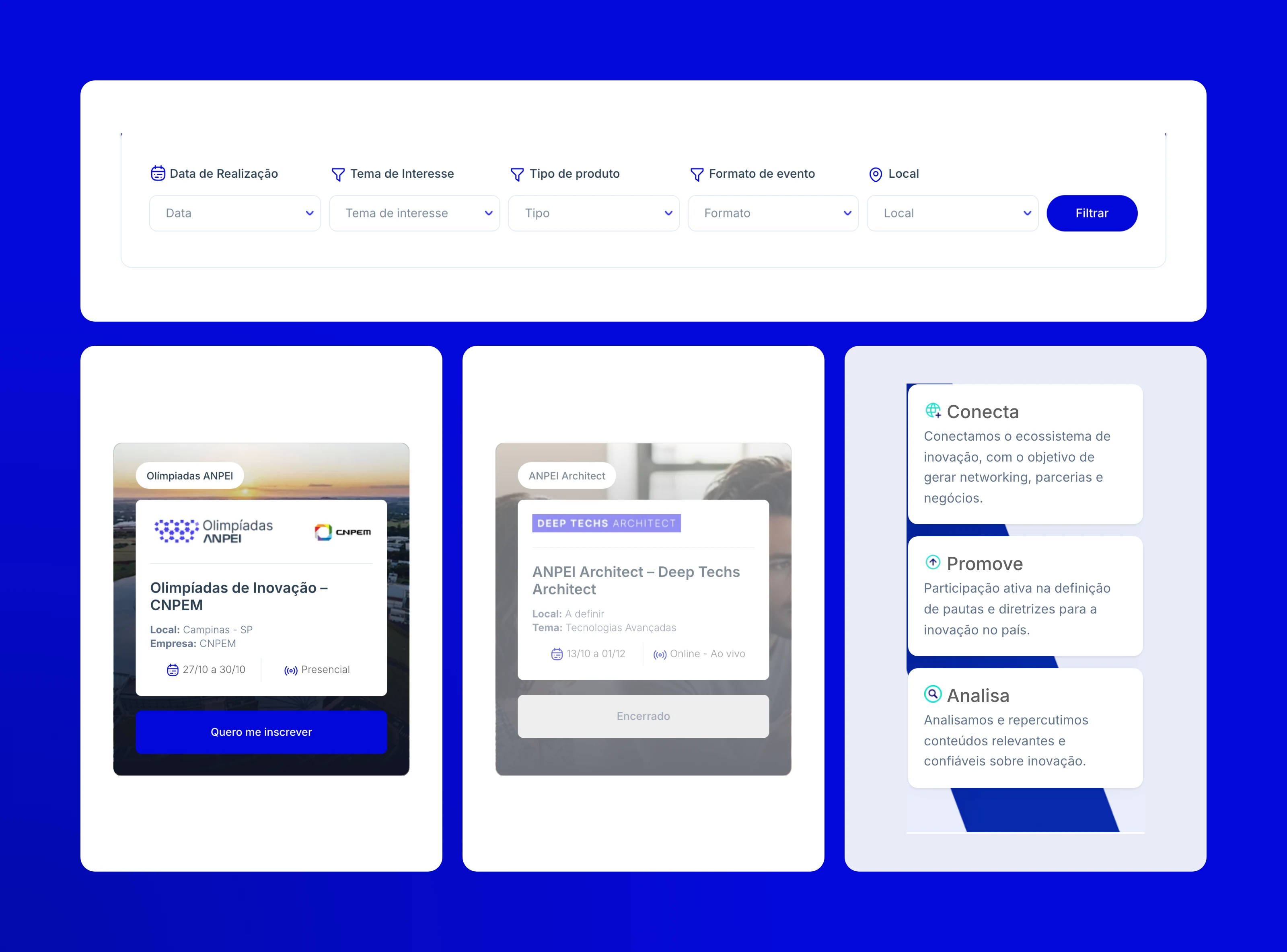 Detalhes: a barra de filtros do calendário, um card de evento aberto, um encerrado e os cartões Conecta, Promove e Analisa.