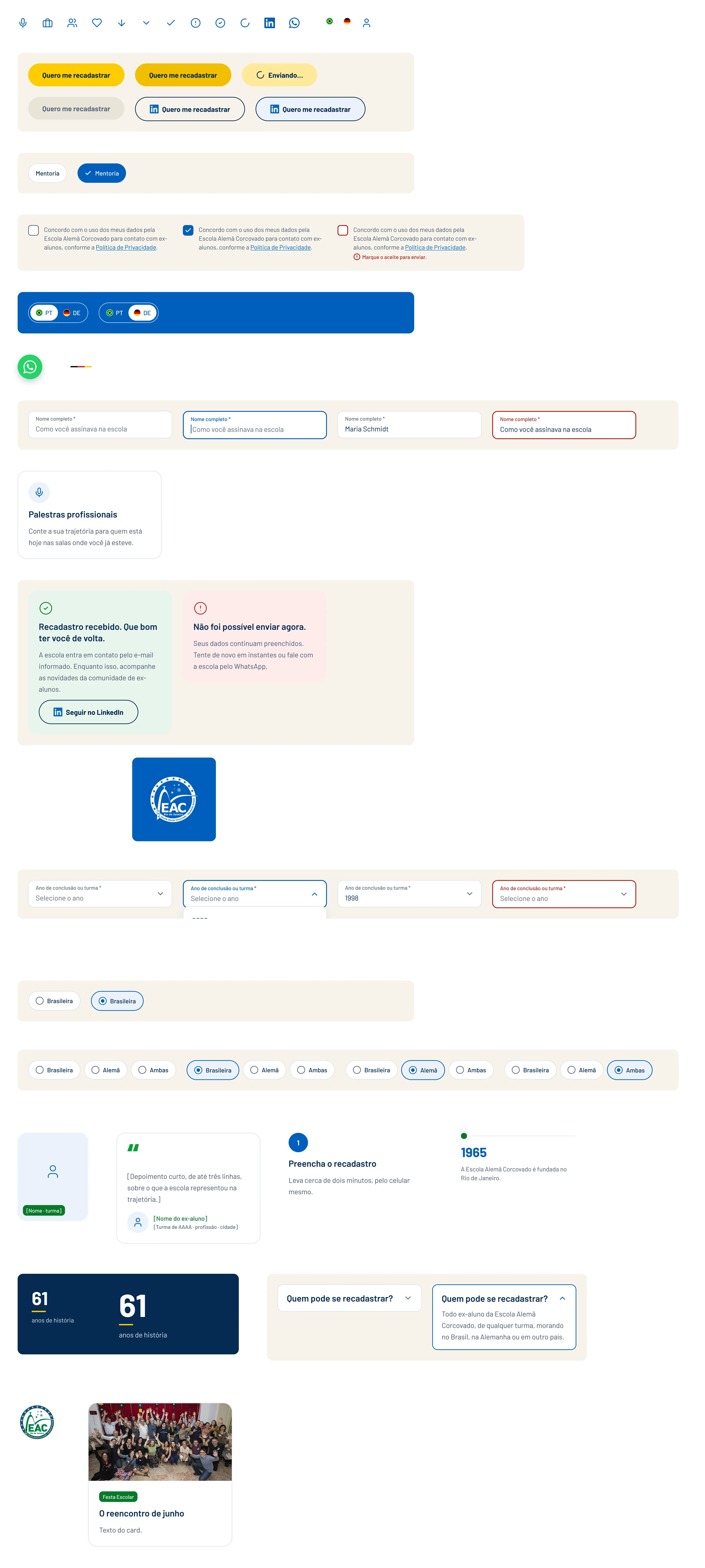 The Figma components page: icons, buttons, chips, consent checkbox, language switch, fields, cards, messages and numbers.