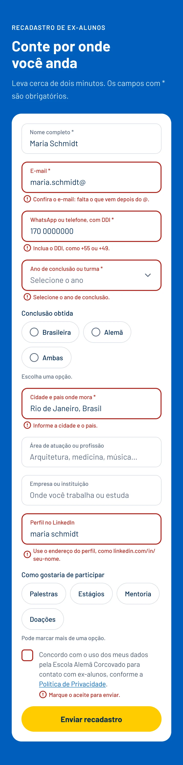 Formulário: Erros