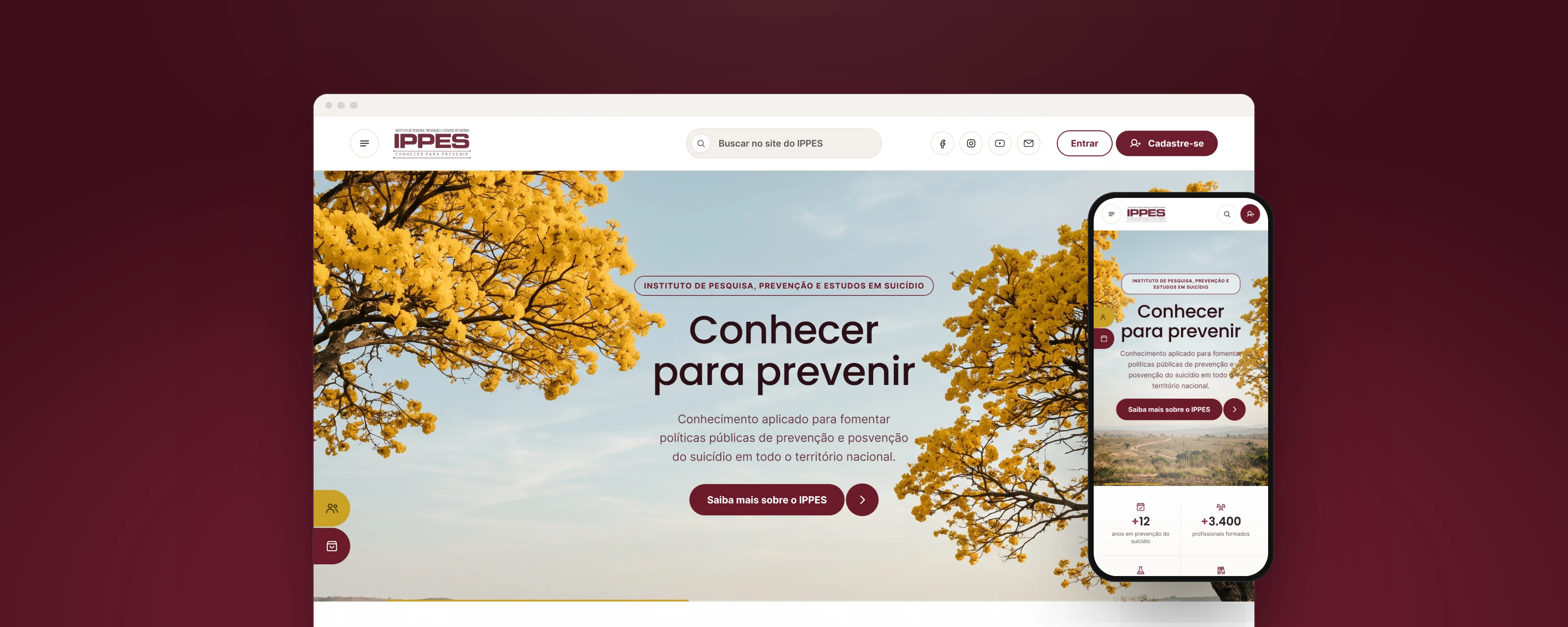 Project cover: the new IPPES website in a browser and on a phone, with the yellow ipê trees hero, on a burgundy background.