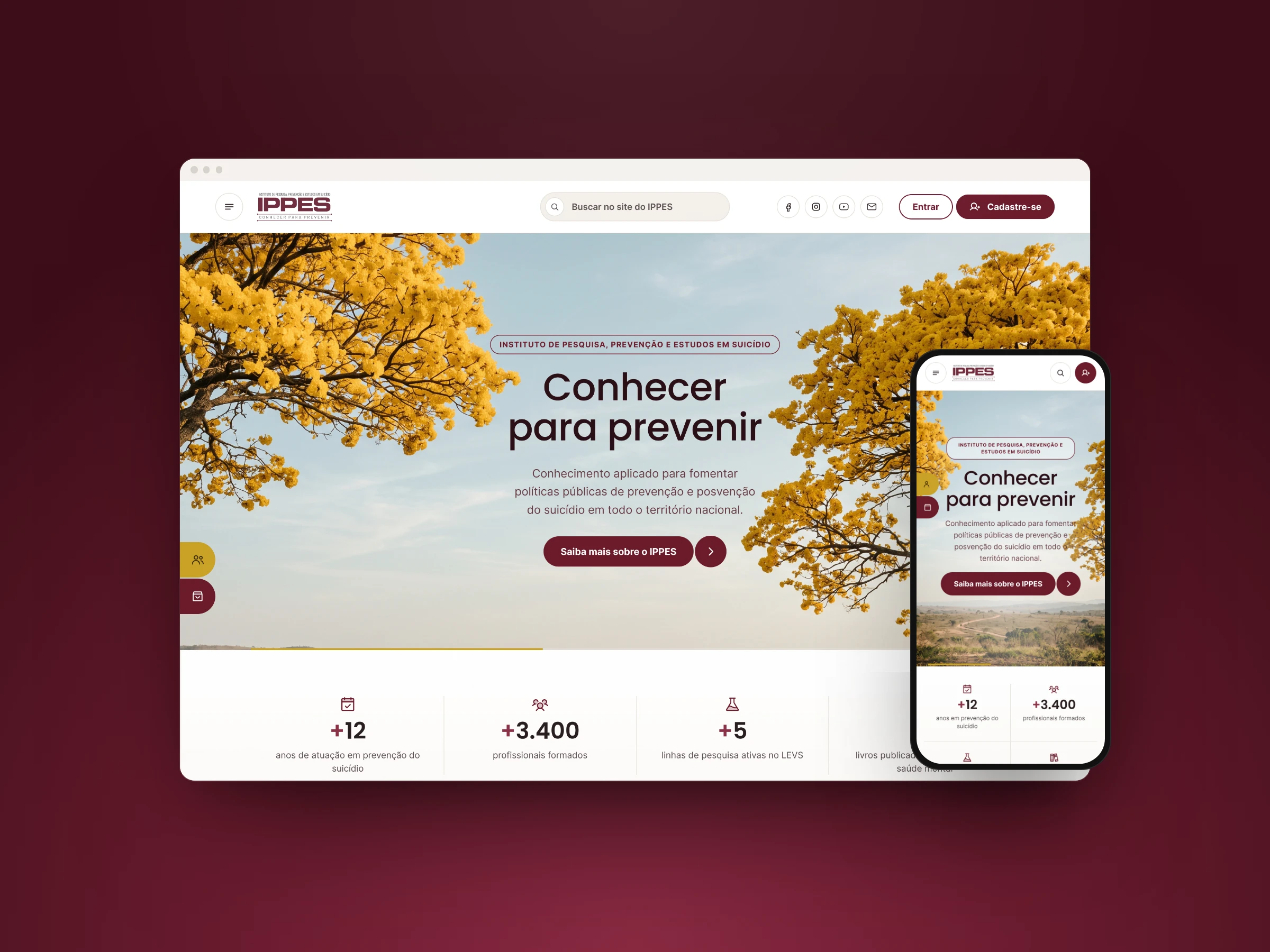 Capa do projeto: o novo site do IPPES em um navegador e em um celular, com o hero de ipês amarelos, sobre fundo vinho.