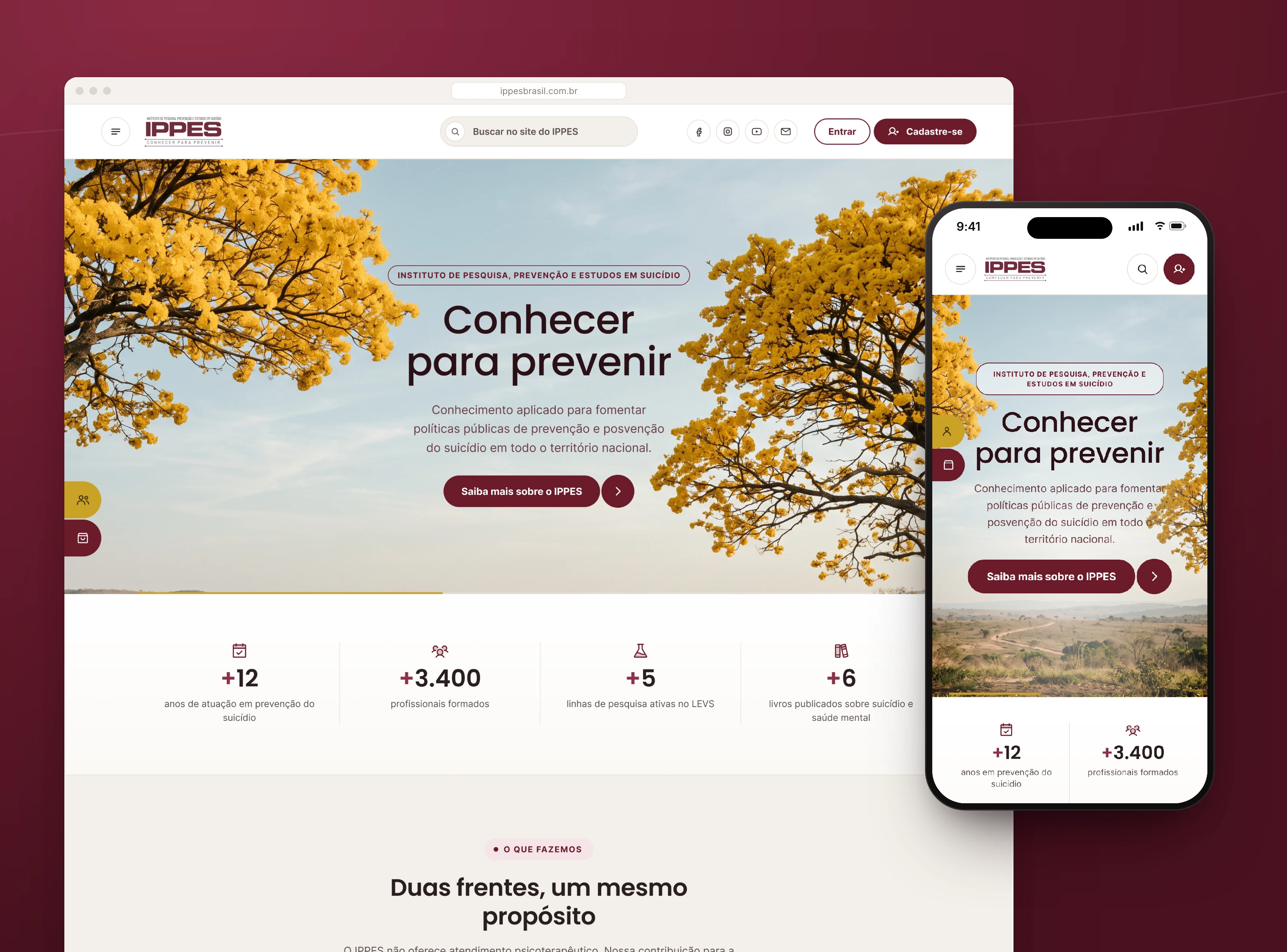 Página inicial do novo site no desktop, com o hero de ipês, e a mesma página no celular.