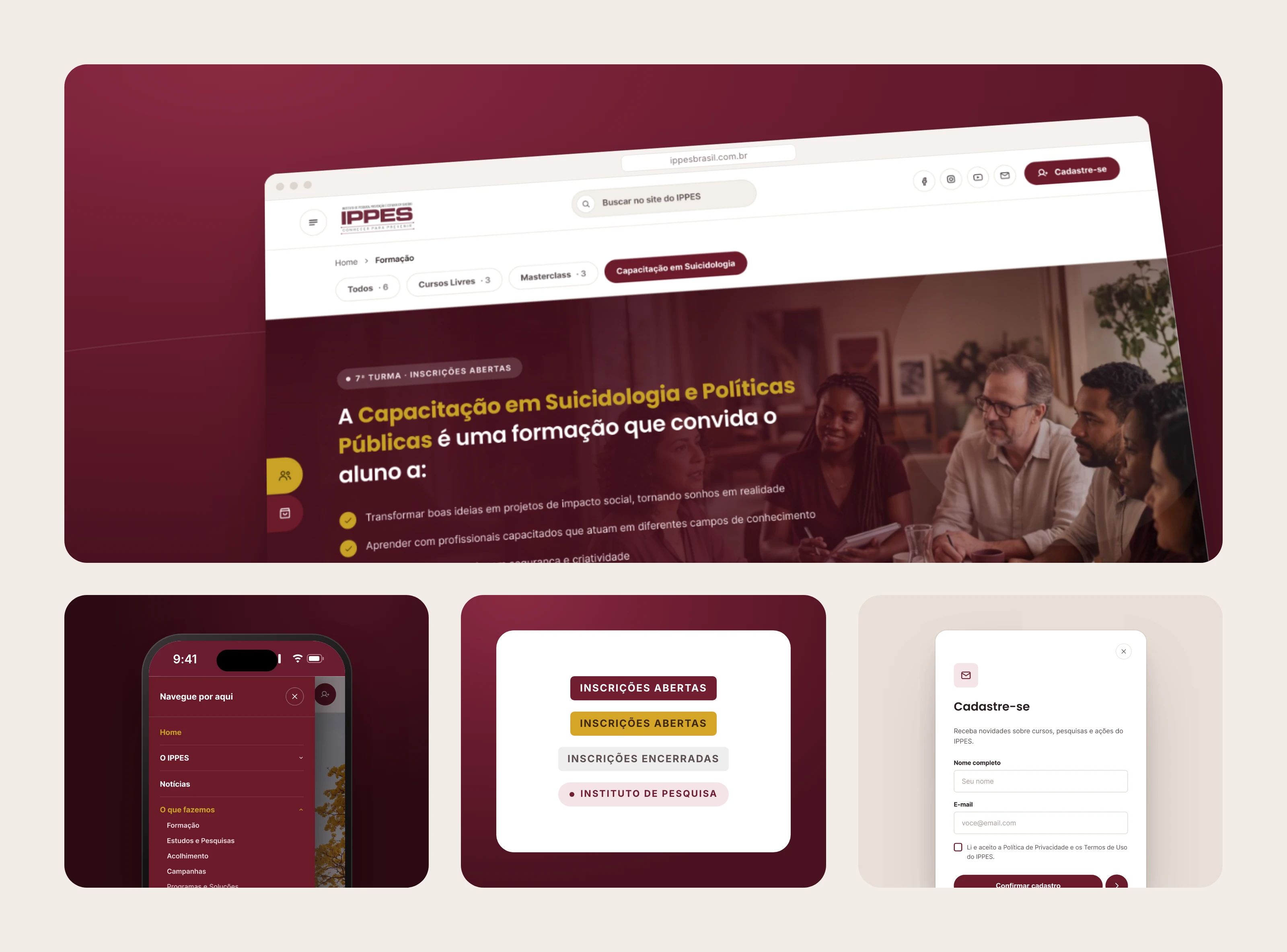 The Training program page in perspective and, below, the mobile side menu, the enrollment status badges, and the sign-up modal.