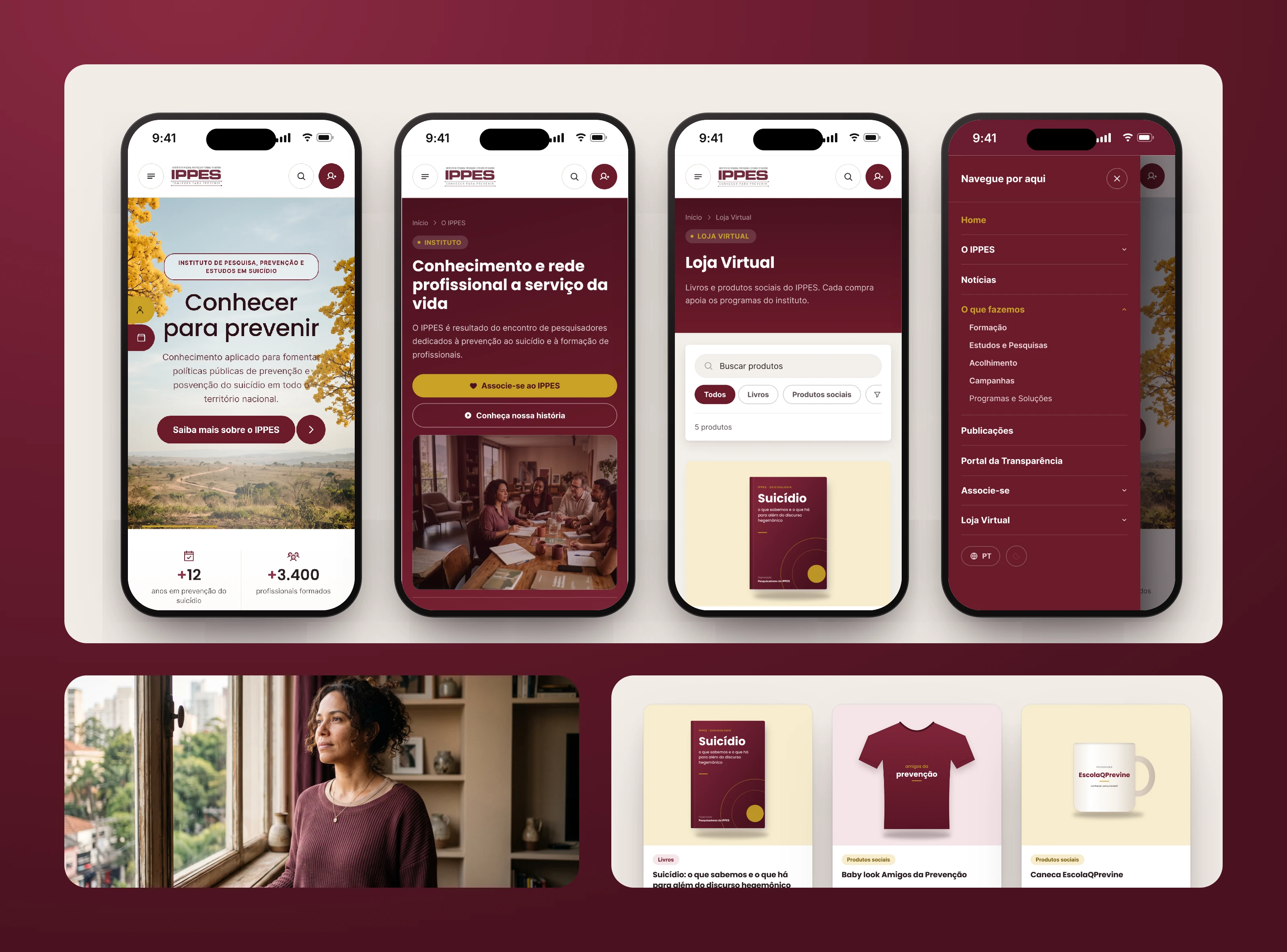 Four mobile screens (home, about, store, and menu), one of the site's photos, and three products from the online store.