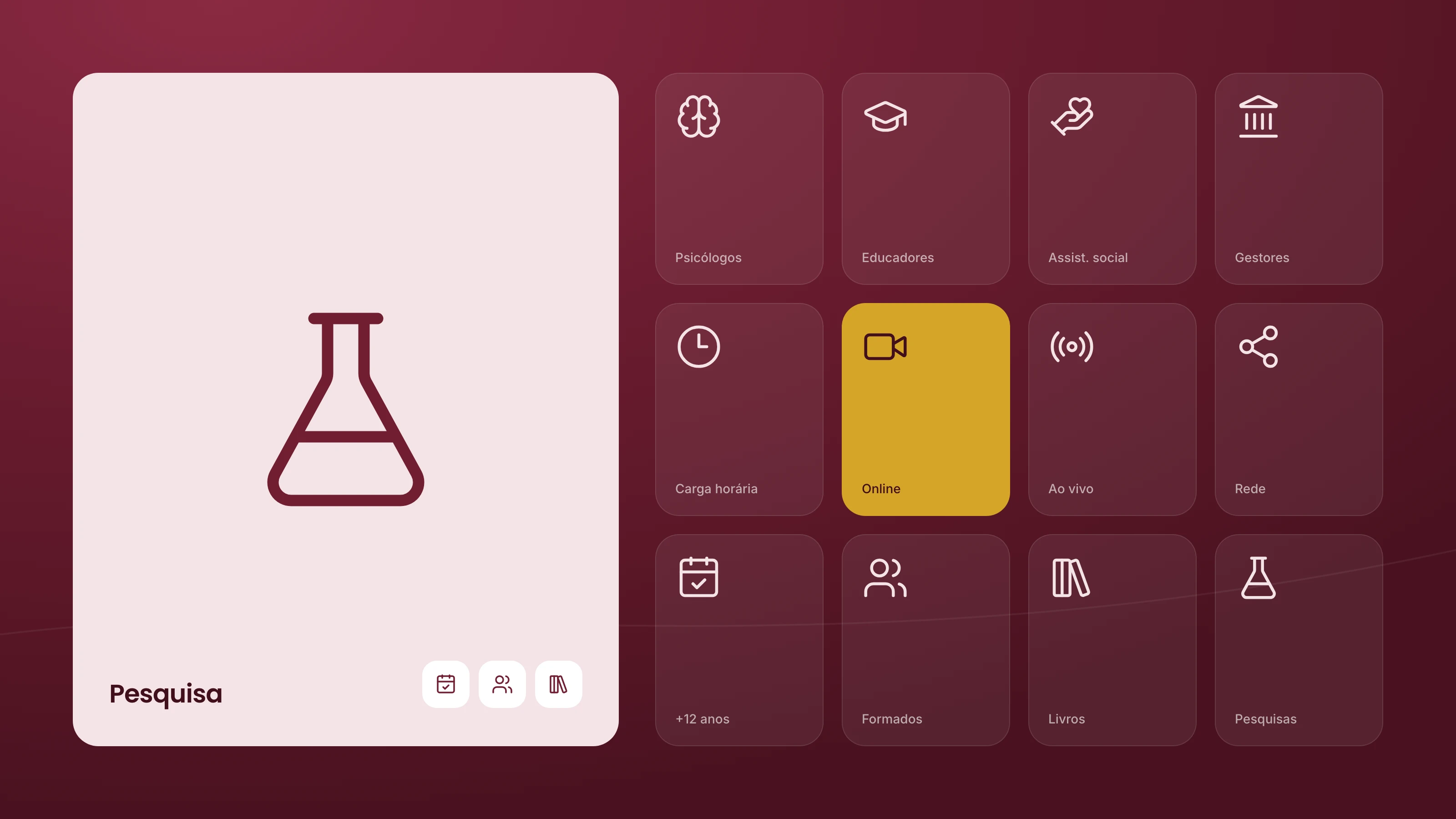 The site's icons up close, with the research flask enlarged and the grid of content icons.