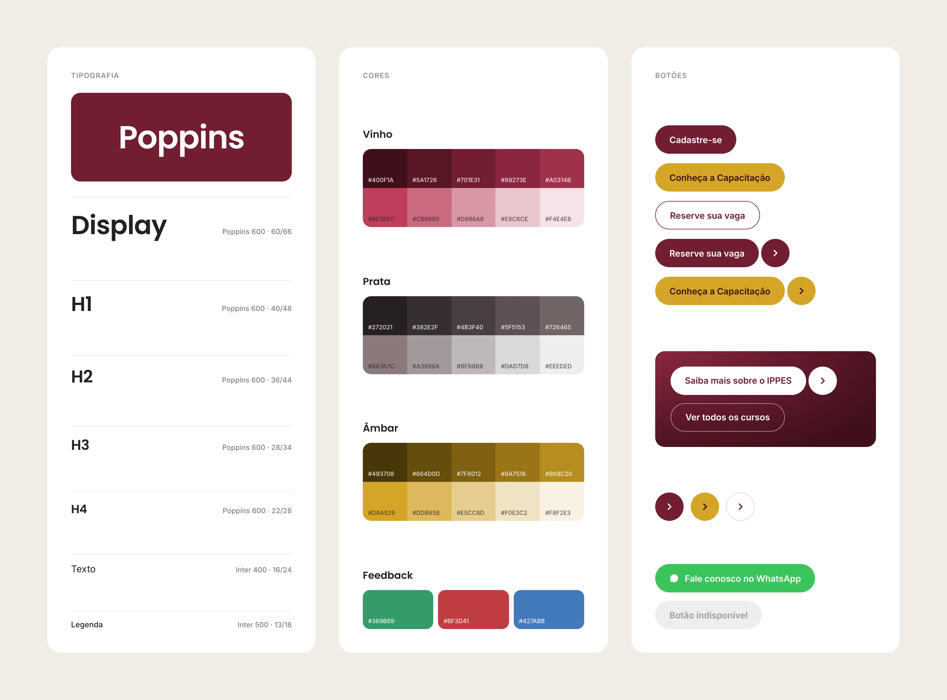 Design system: escala tipográfica, paleta de cores e botões.