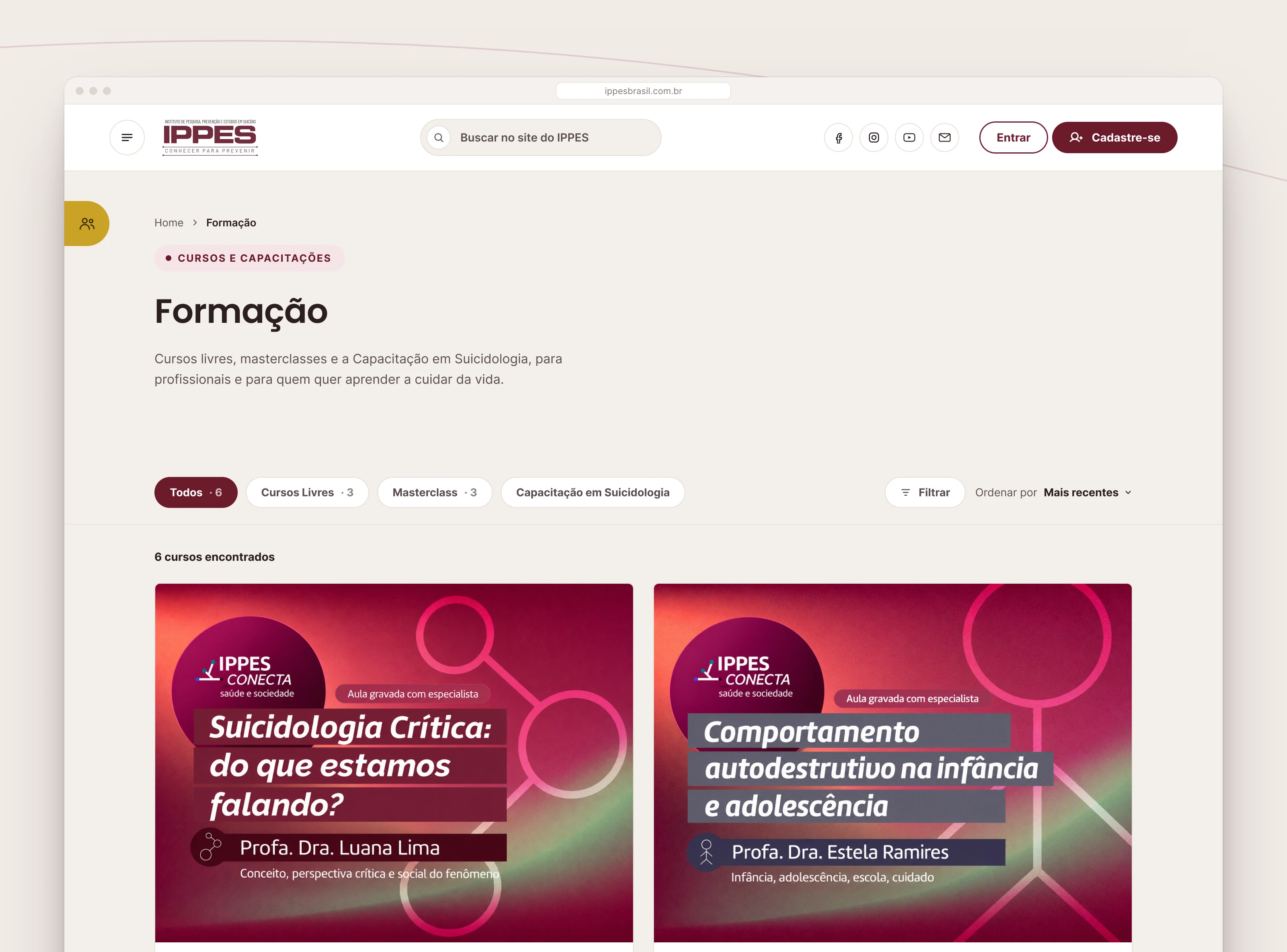 Listagem de cursos da Formação, com filtros e os selos de inscrição.