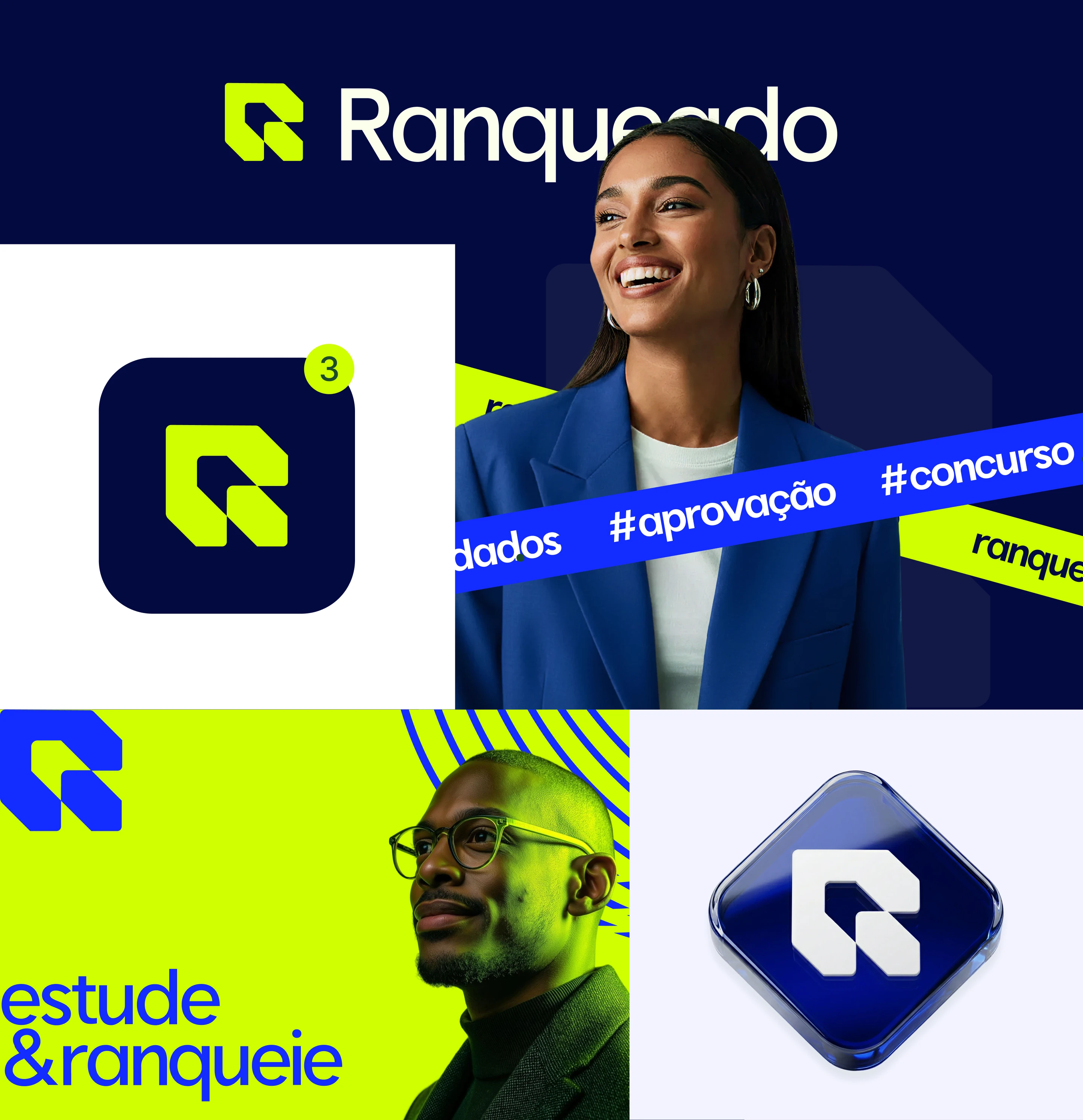 Aplicações da marca: ícone de app, campanha com hashtags, peças e o símbolo em 3D.