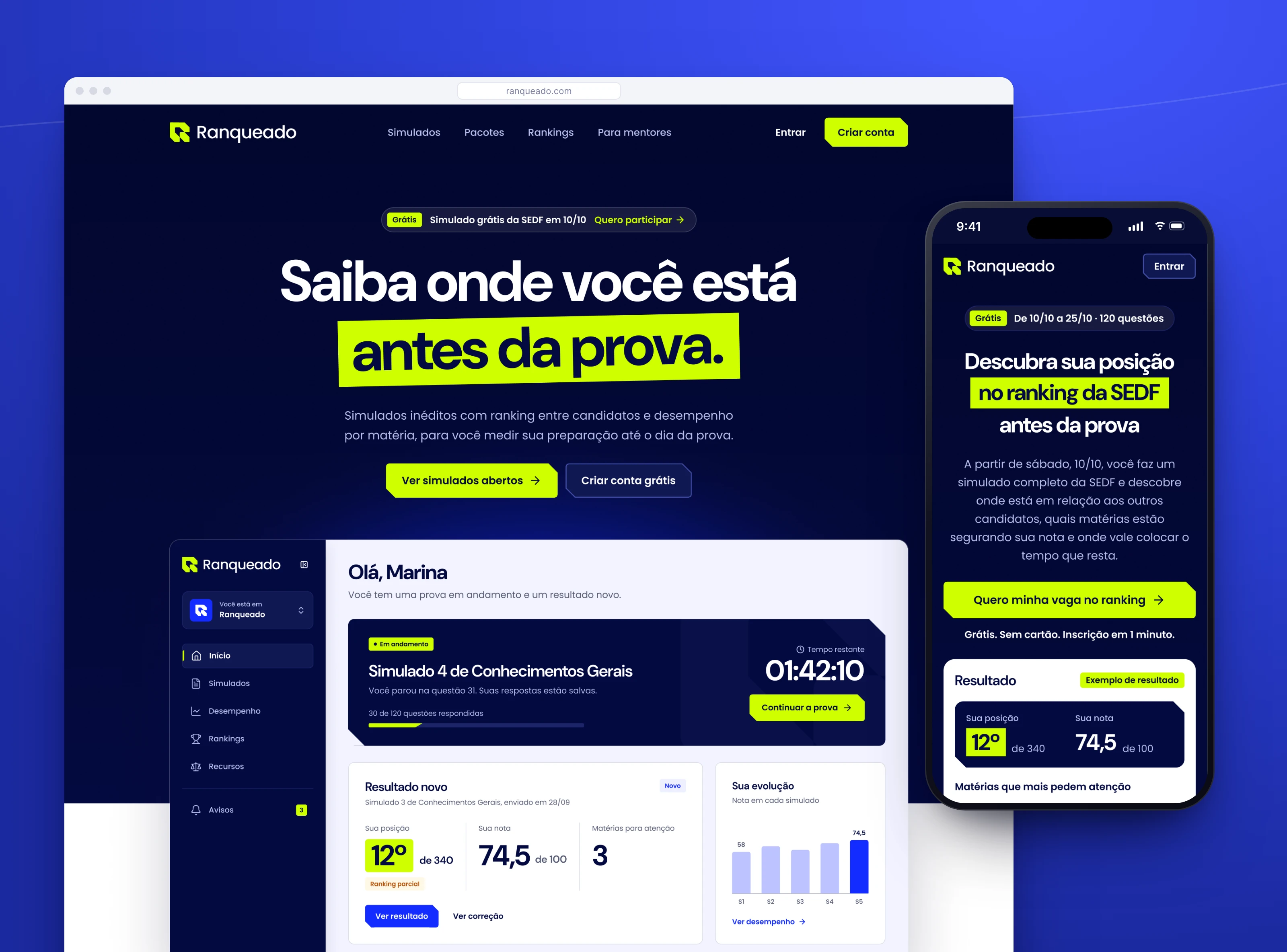 O site aberto no desktop e a página do simulado gratuito da SEDF no celular.