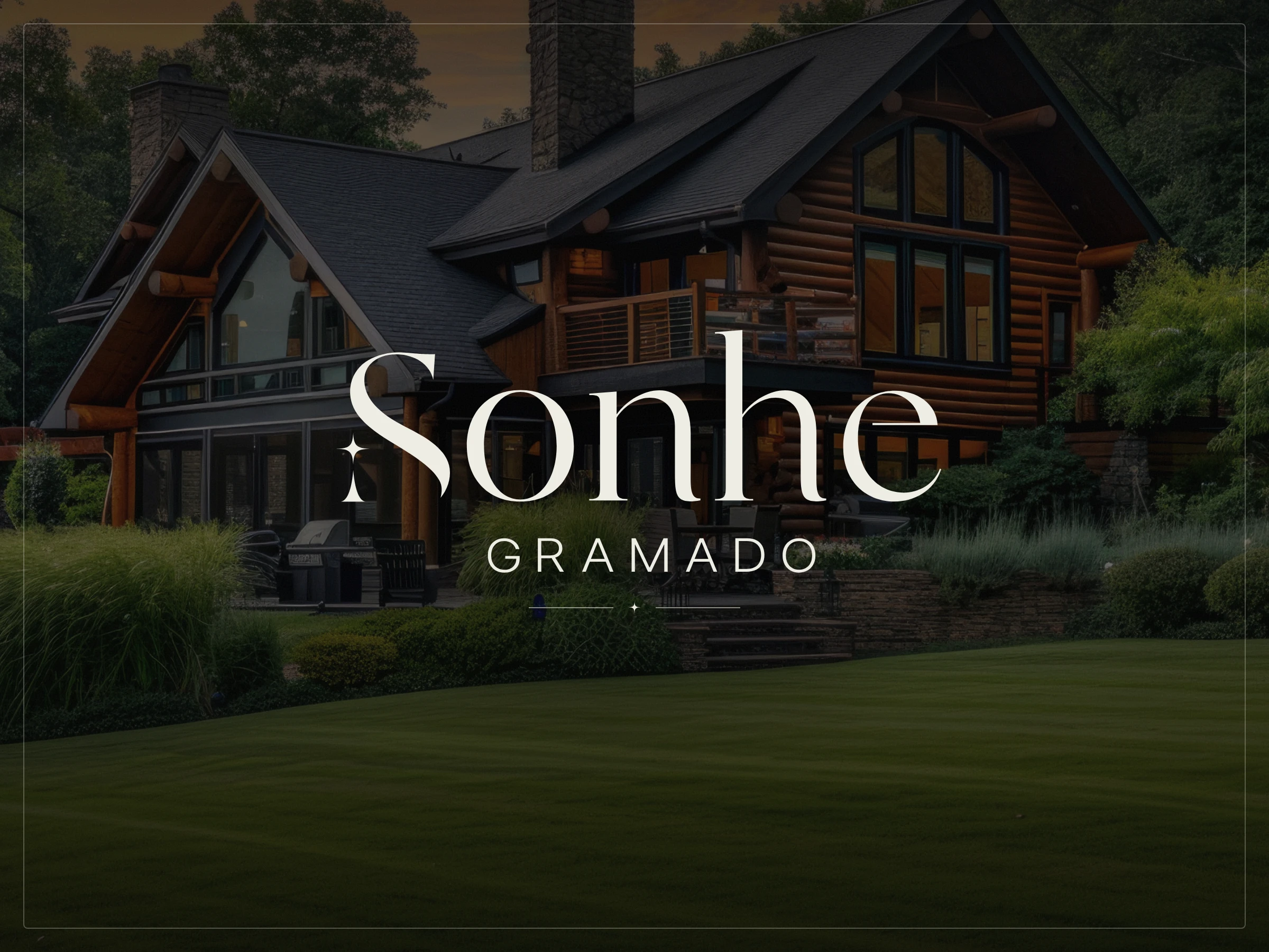 Capa do case da Sonhe Gramado: o logotipo em linho sobre a foto de um chalé de madeira em Gramado, ao entardecer.