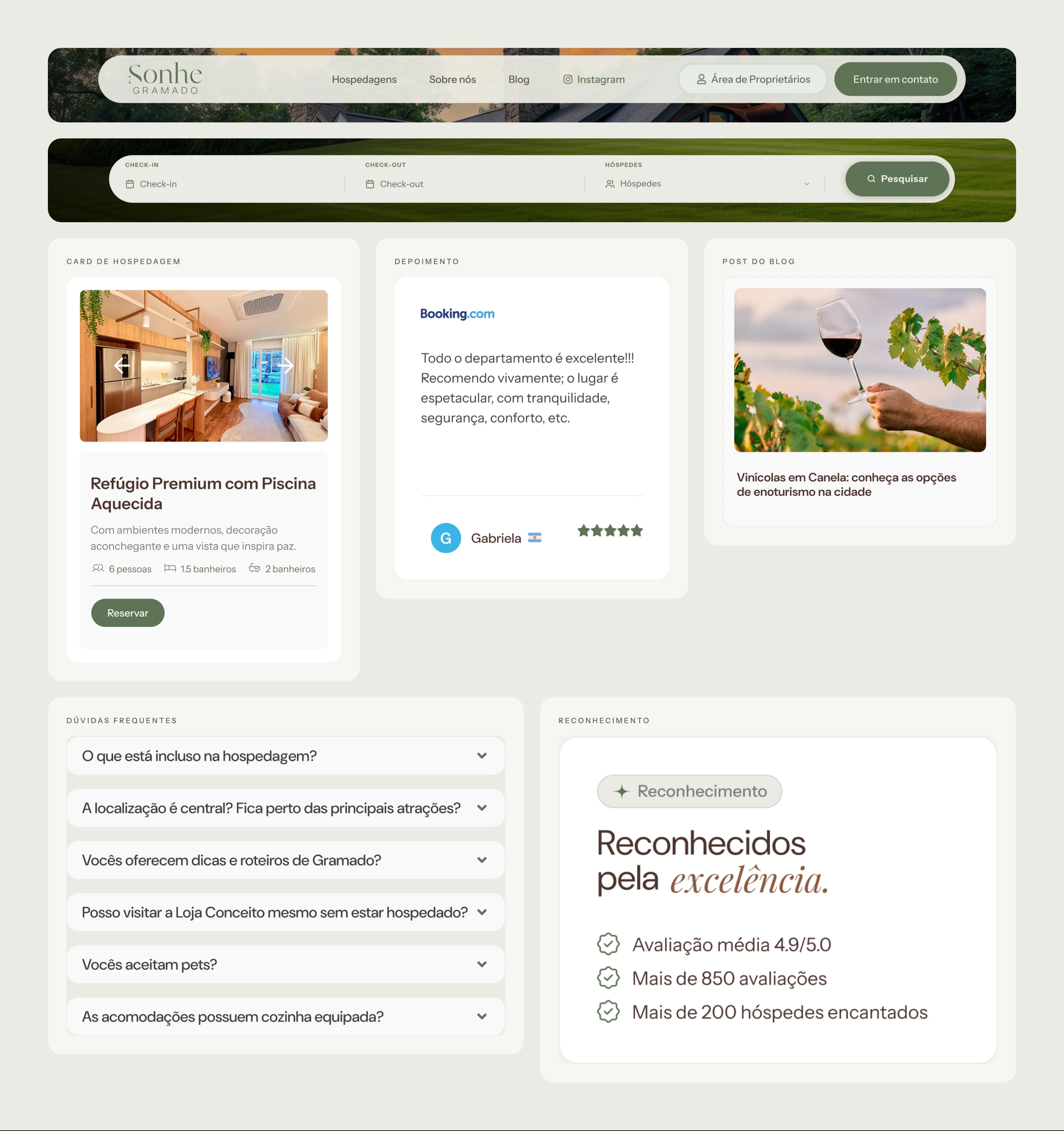 Componentes do site: menu, busca de hospedagem, card de hospedagem, depoimento, post do blog, dúvidas frequentes e reconhecimento.